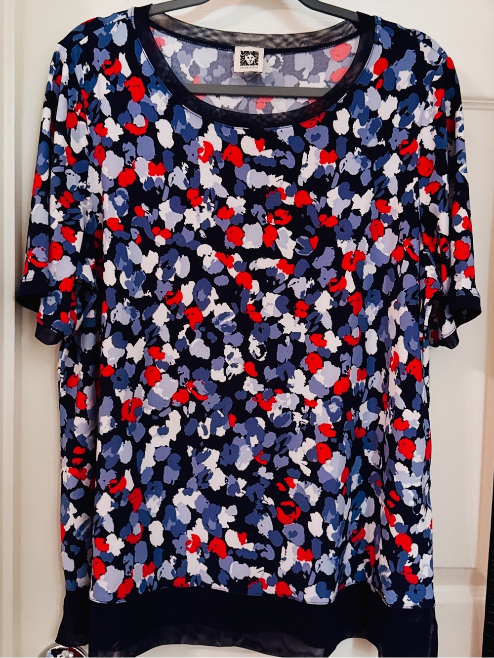 NWOT Anne Klein Navy Multicolor Floral Dot Short Sleeve Top